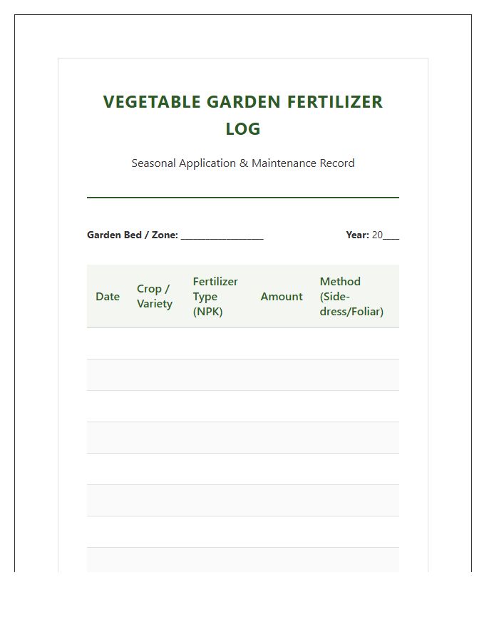 Vegetable Garden Fertilizer Application Printable Chart