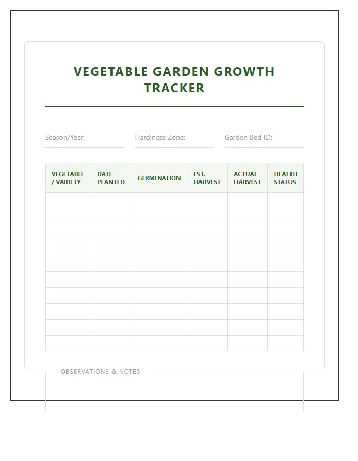 Vegetable Garden Growth Printable Chart