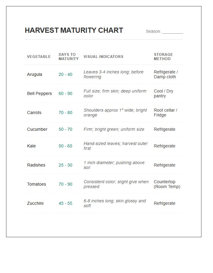Vegetable Garden Harvest Maturity Printable Chart