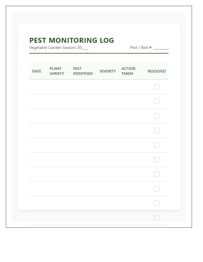 Vegetable Garden Pest Monitoring Printable Chart