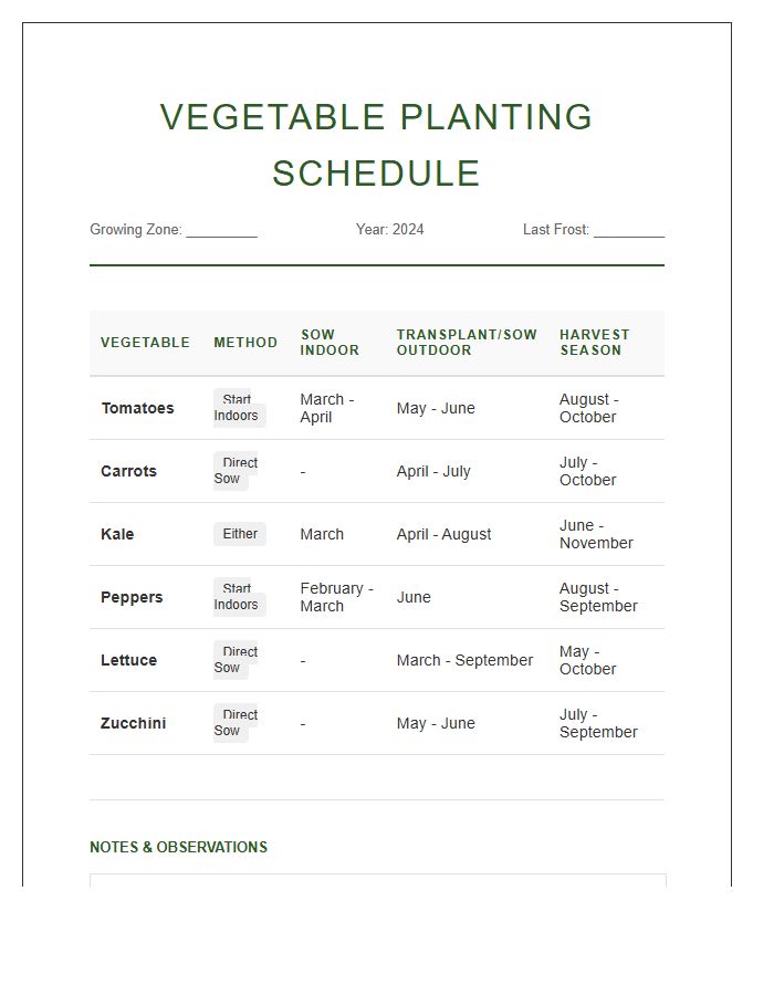 Vegetable Garden Planting Schedule Printable Chart