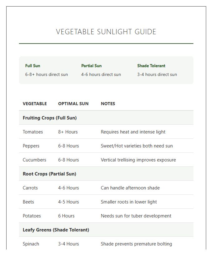 Vegetable Garden Sunlight Requirements Printable Chart