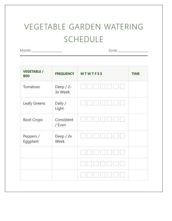 Vegetable Garden Water Schedule Printable Chart
