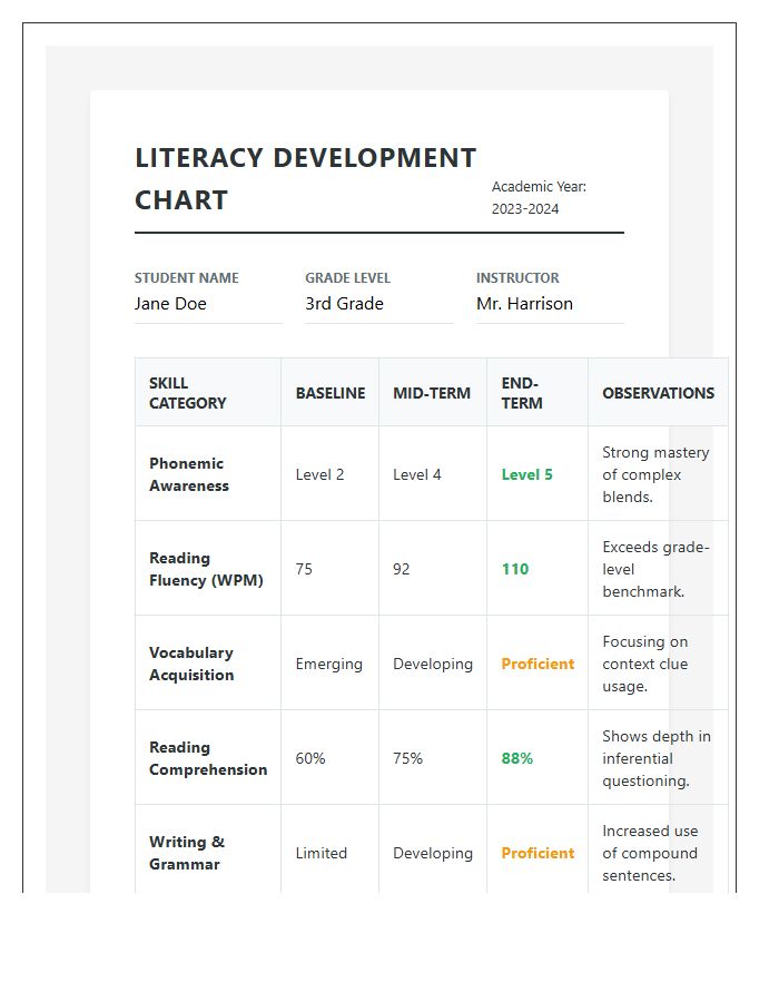 Literacy Development Student Academic Growth Printable Chart