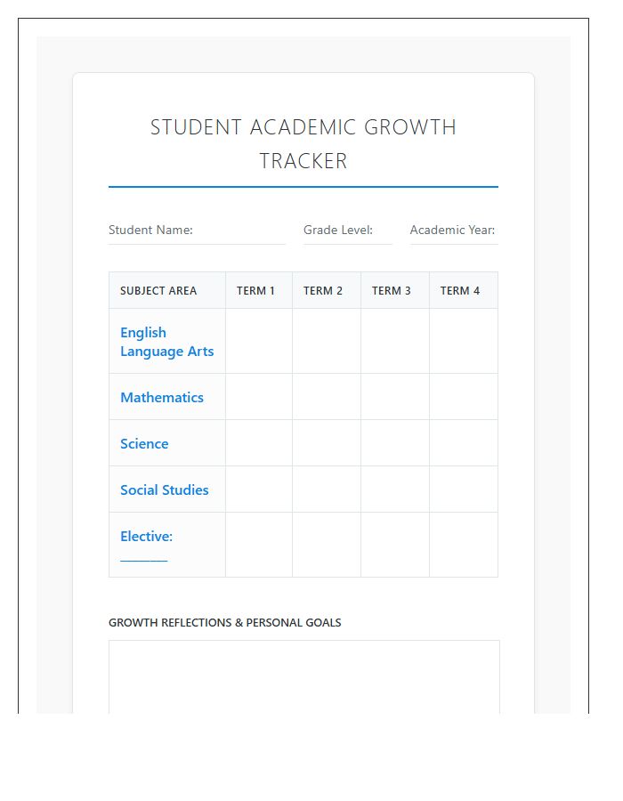 Middle School Student Academic Growth Printable Chart