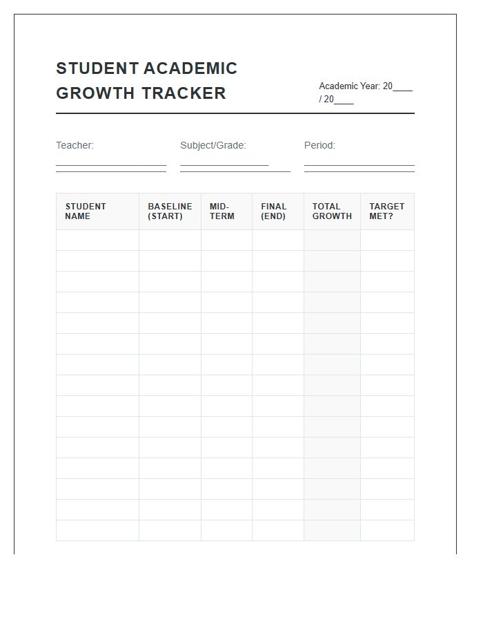 Teacher Resource Student Academic Growth Printable Chart