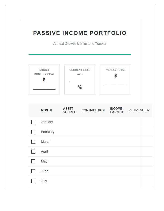 Passive Income Portfolio Growth Printable Chart