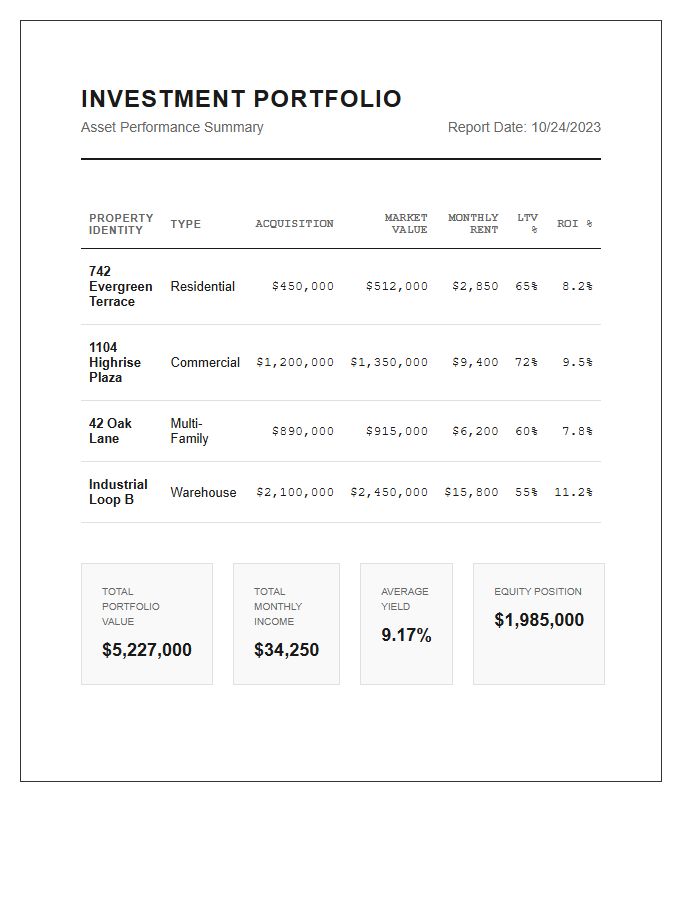 Real Estate Investment Portfolio Printable Chart