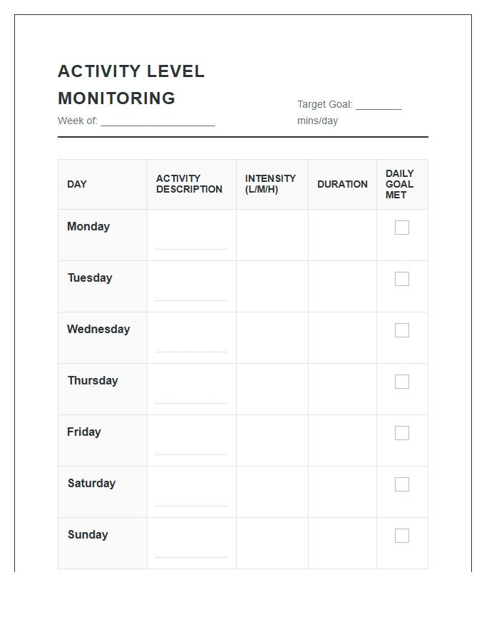 Activity Level Monitoring Printable Chart