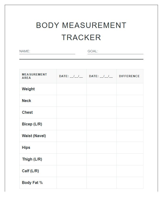 Body Measurement Tracking Printable Chart