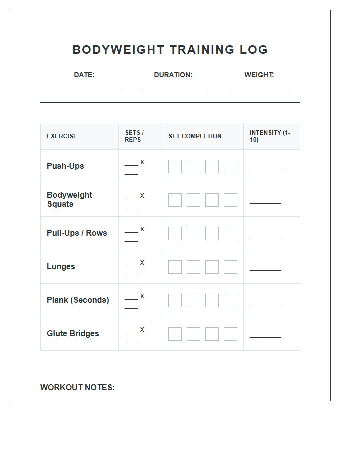 Body Weight Exercise Printable Chart
