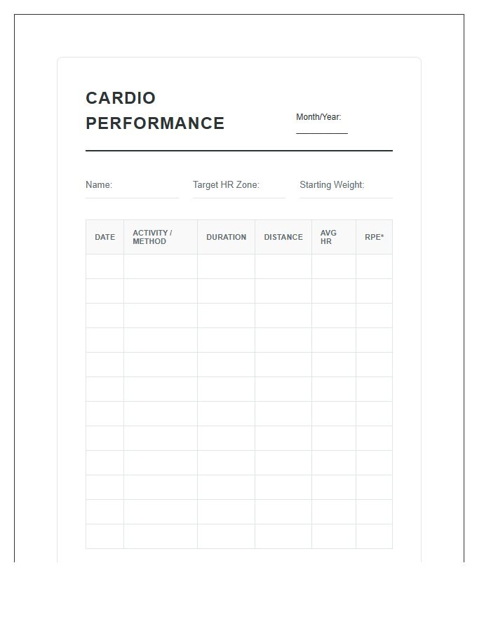 Cardio Performance Tracking Printable Chart