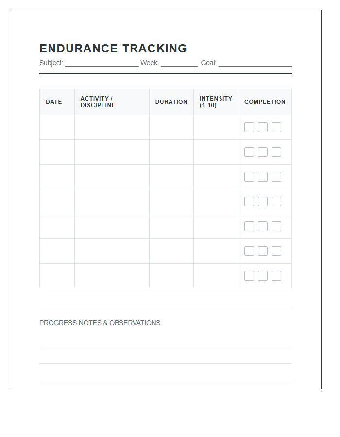 Endurance Level Tracking Printable Chart