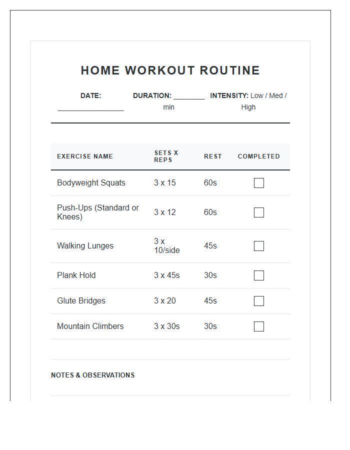 Home Workout Routine Printable Chart
