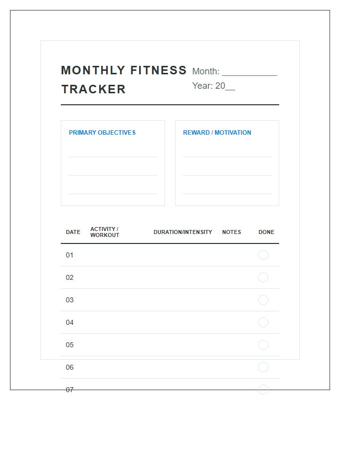 Monthly Fitness Goal Printable Chart
