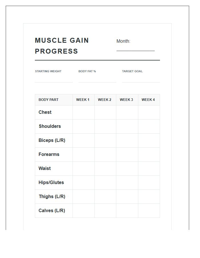 Muscle Gain Progress Printable Chart