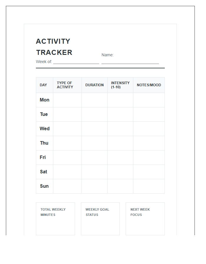 Physical Activity Measurement Printable Chart