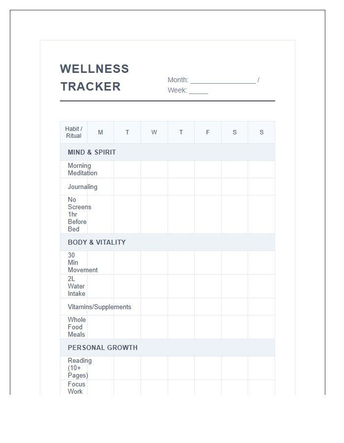 Wellness Habit Tracker Printable Chart