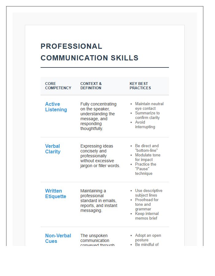 Professional Communication Skills Printable Chart
