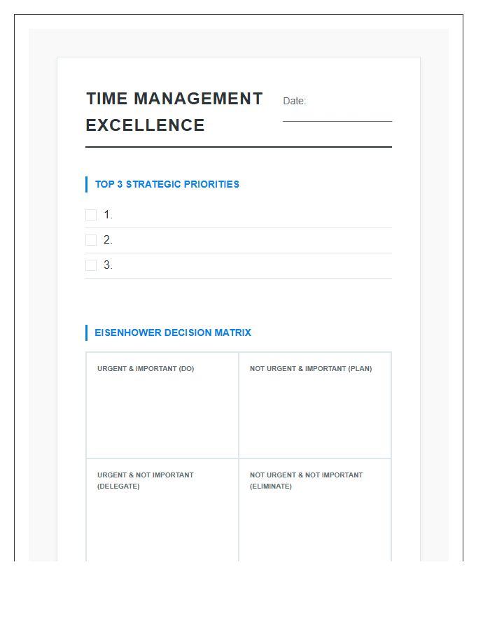 Time Management Excellence Printable Chart