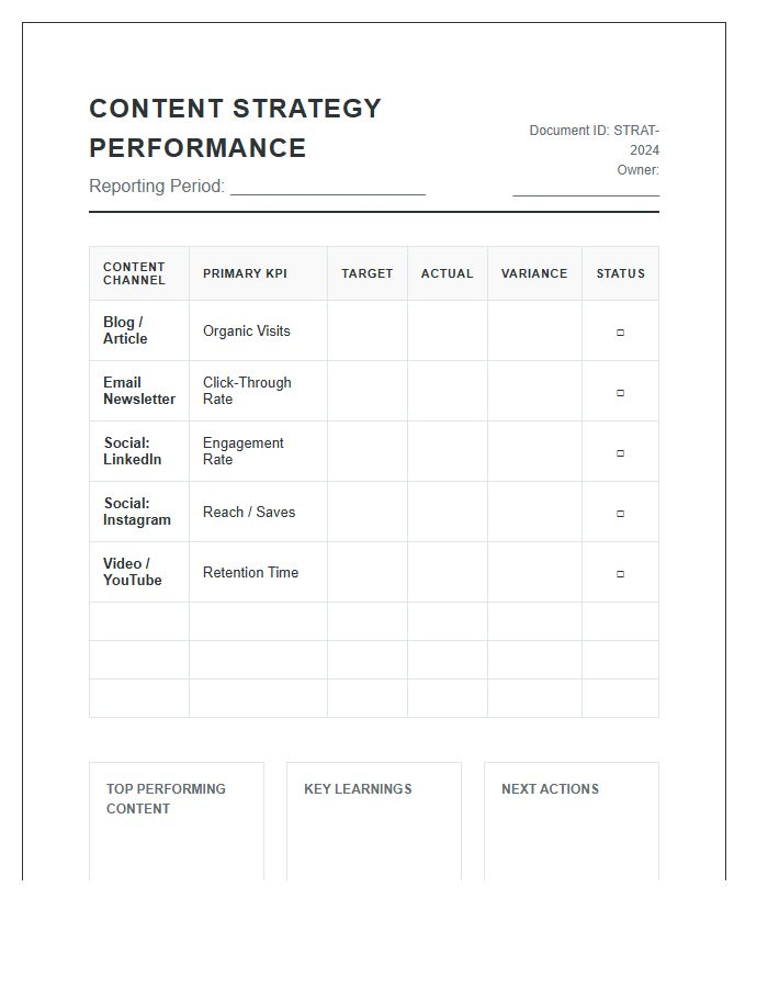 Content Strategy Performance Printable Chart