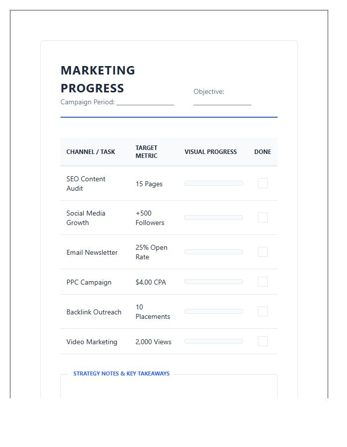 Digital Marketing Progress Printable Chart