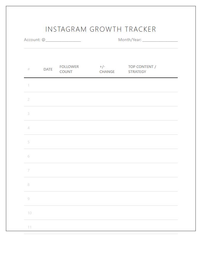 Instagram Follower Tracking Printable Chart