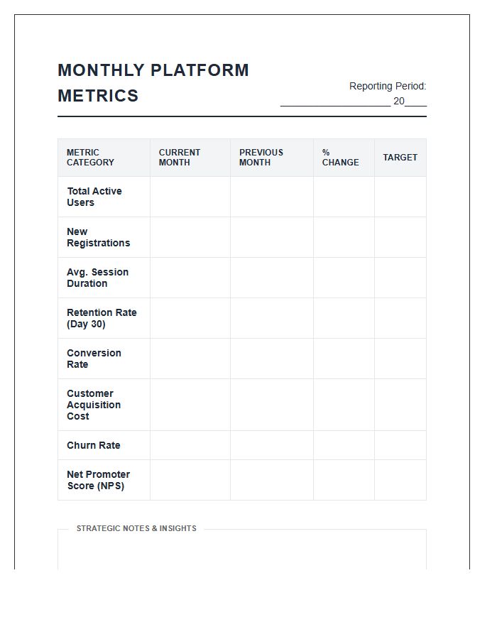 Monthly Platform Metric Printable Chart