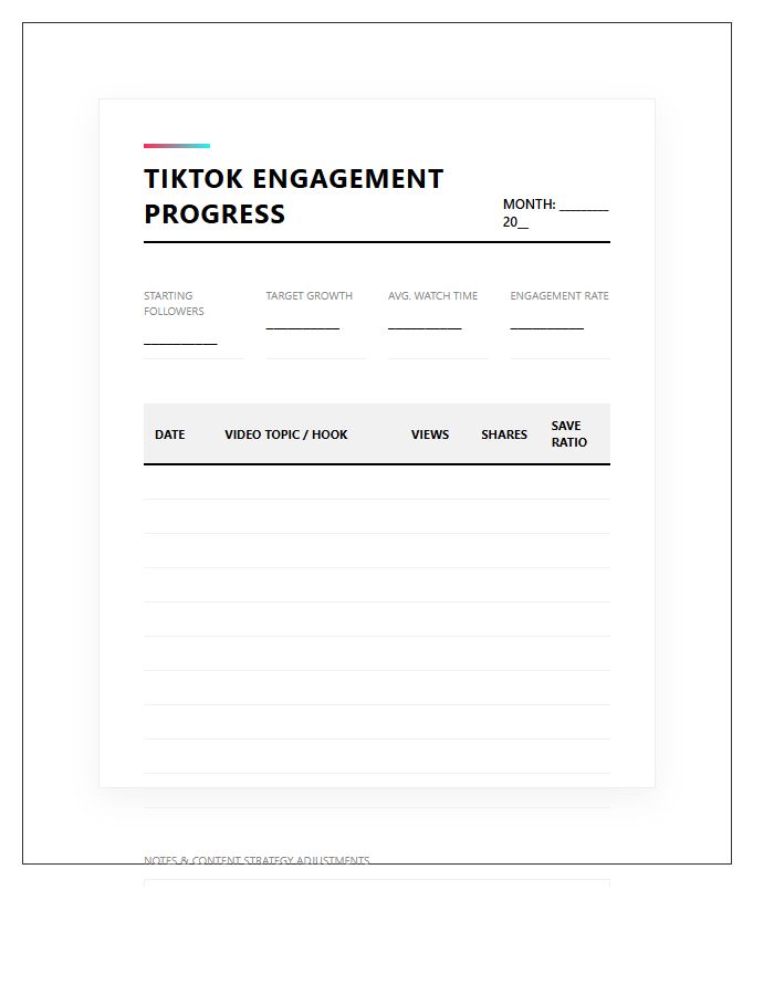 TikTok Engagement Progress Printable Chart