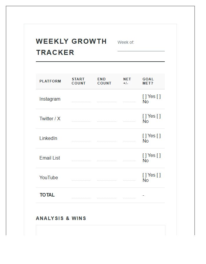 Weekly Audience Growth Printable Chart
