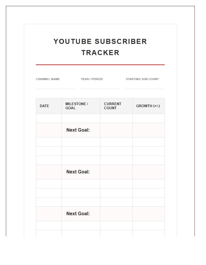 YouTube Subscriber Growth Printable Chart