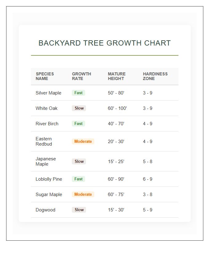 Backyard Tree Species Growth Printable Chart