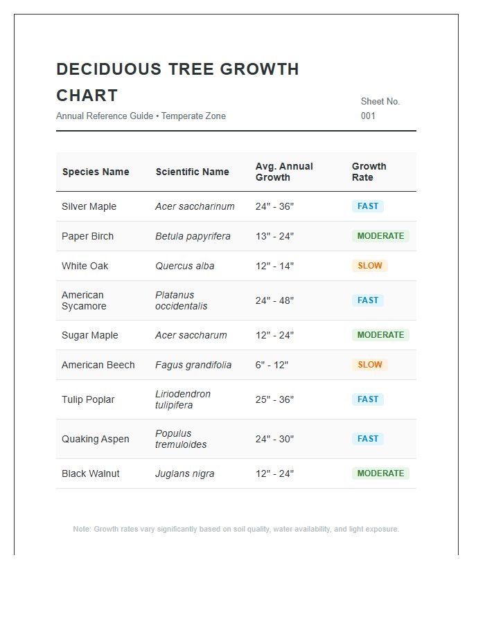 Deciduous Tree Species Annual Growth Printable Chart