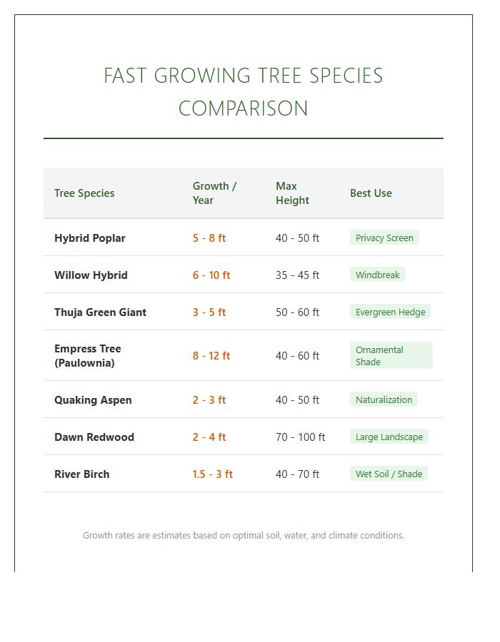 Fast Growing Tree Species Comparison Printable Chart