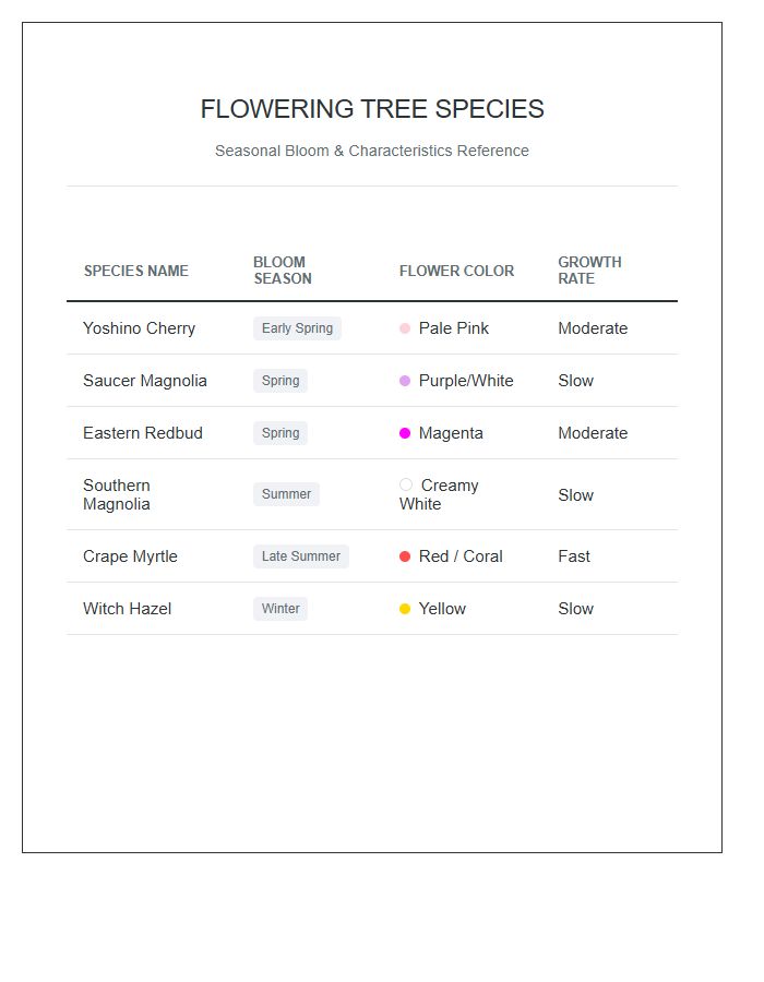 Flowering Tree Species Seasonal Printable Chart