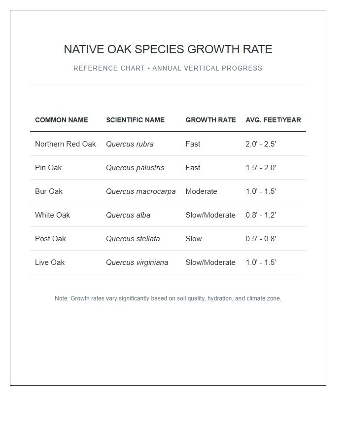 Native Oak Species Growth Rate Printable Chart