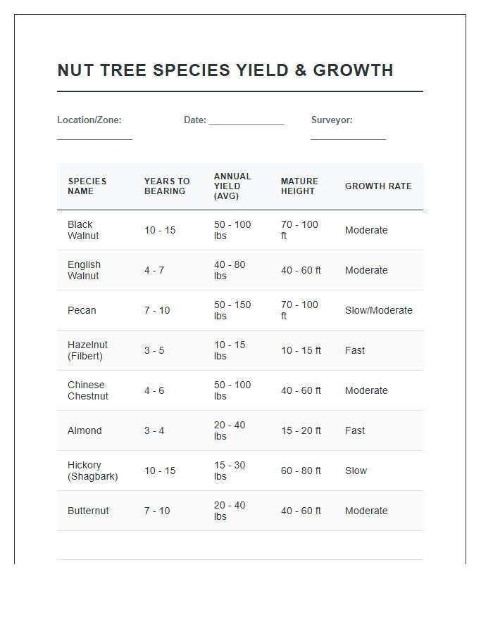 Nut Tree Species Yield And Growth Printable Chart
