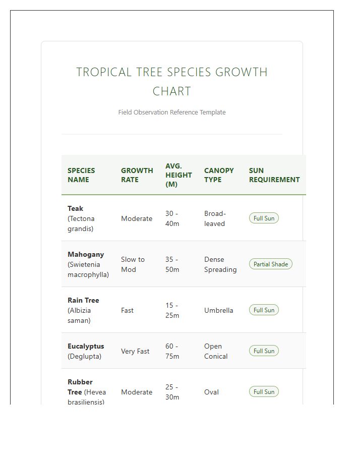 Tropical Tree Species Growth Printable Chart