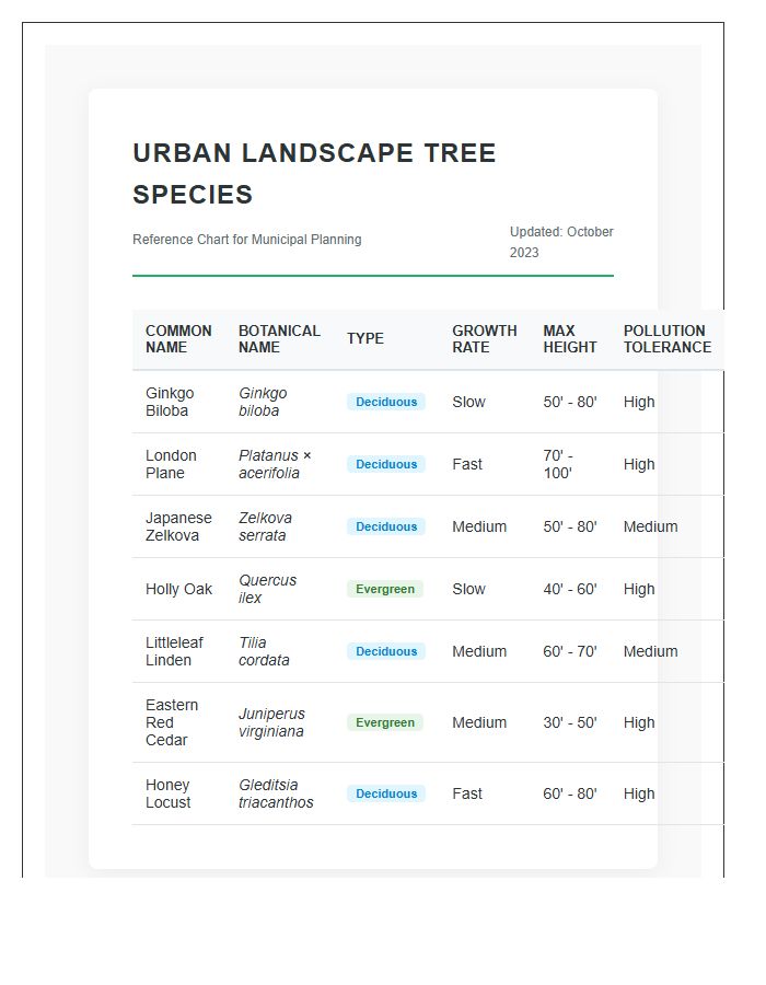 Urban Landscape Tree Species Printable Chart