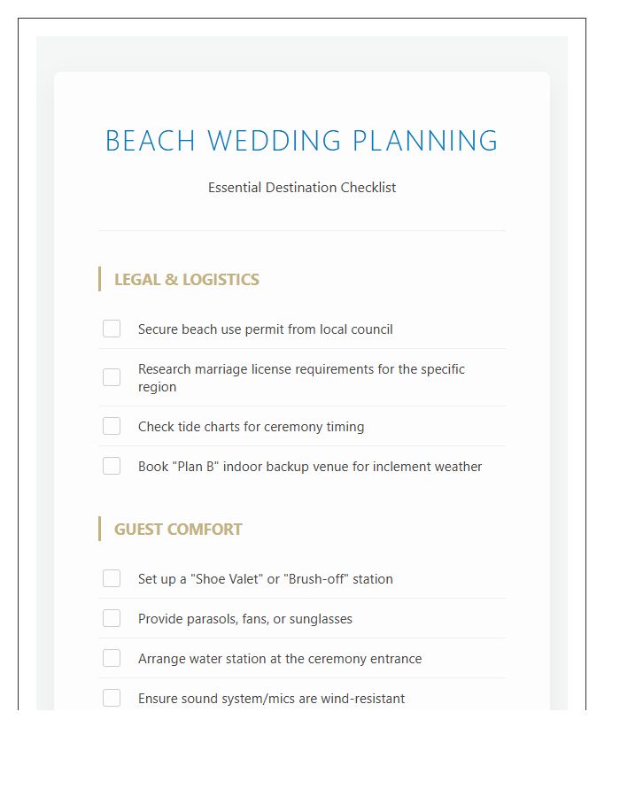 Beach Wedding Planning Checklist Printable Chart