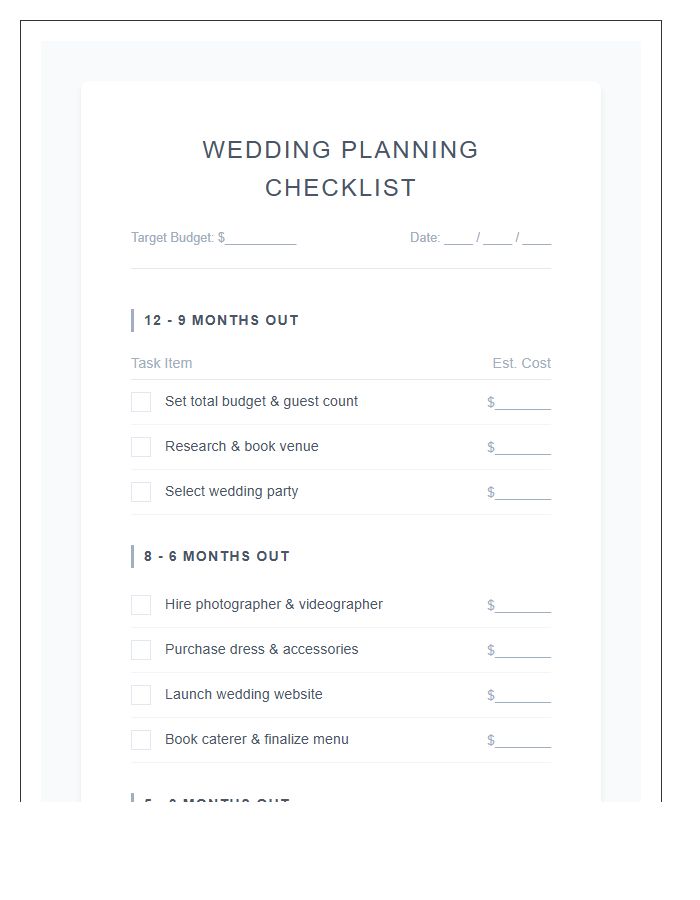 Budget Wedding Planning Checklist Printable Chart