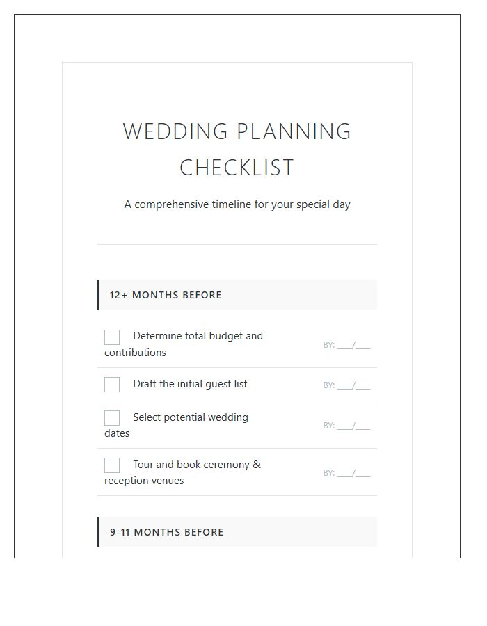 Complete Wedding Planning Checklist Printable Chart