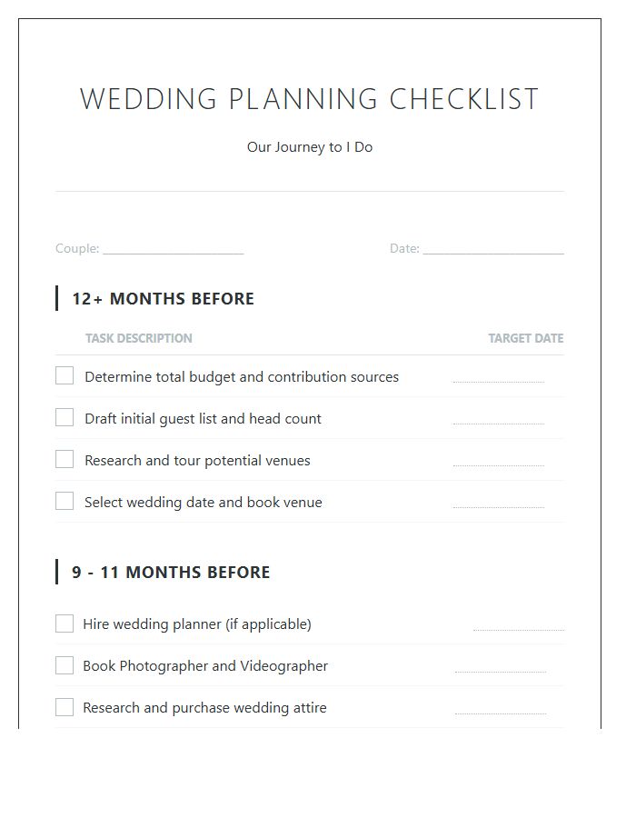Comprehensive Wedding Planning Checklist Printable Chart