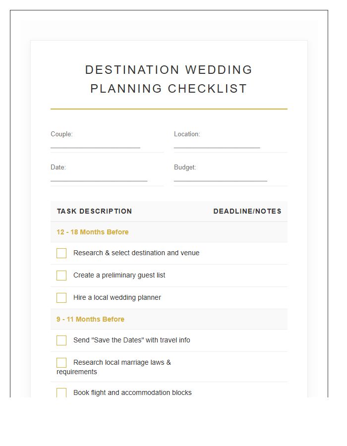 Destination Wedding Planning Checklist Printable Chart