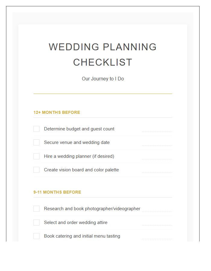 Detailed Wedding Planning Checklist Printable Chart