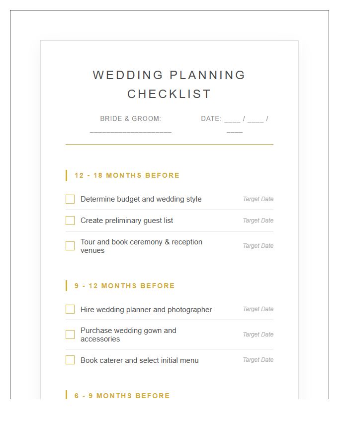 Elegant Wedding Planning Checklist Printable Chart