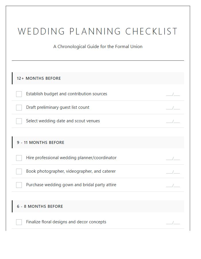 Formal Wedding Planning Checklist Printable Chart