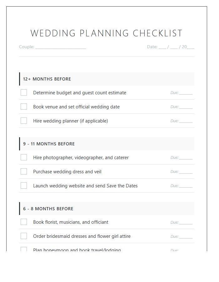 Full Wedding Planning Checklist Printable Chart