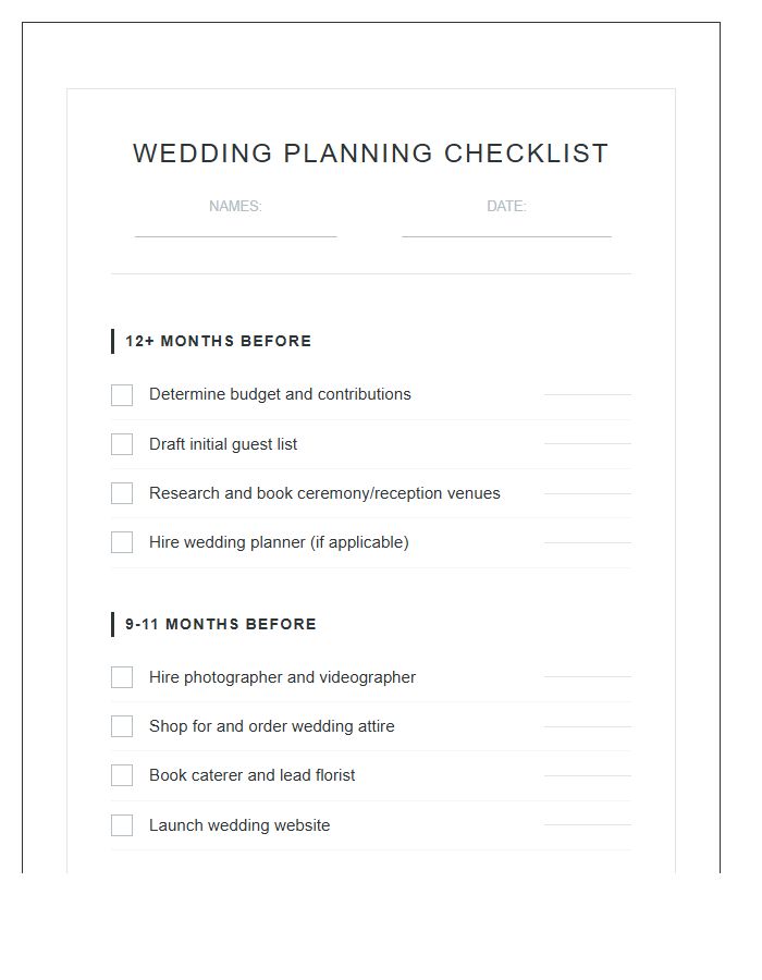 Modern Wedding Planning Checklist Printable Chart