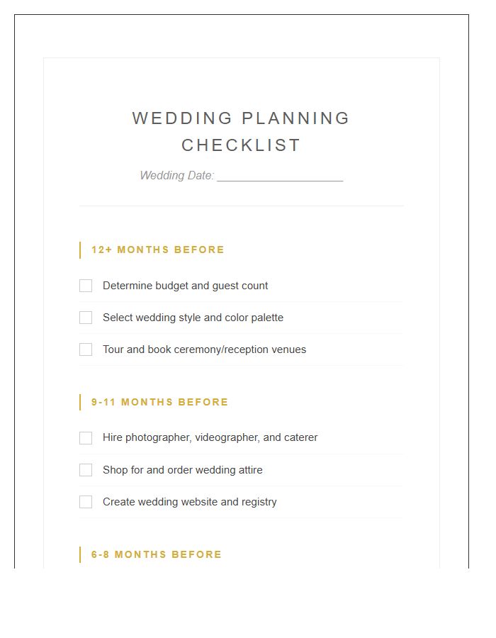 Monthly Wedding Planning Checklist Printable Chart